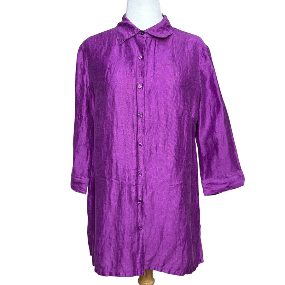 Investments Button Front Linen Top Purple 3/4 Sleeve